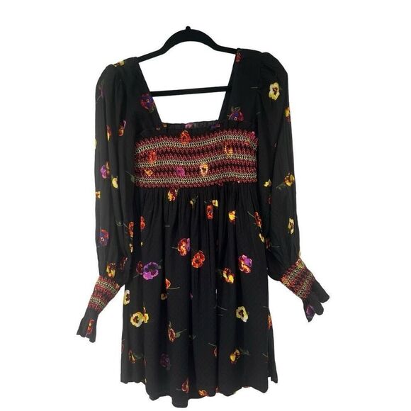 Urban Outfitters Isobel Smocked Frock Black Floral Long Sleeve‎ Dress S Women’s - Picture 1 of 8